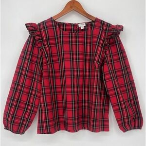 J.Crew red plaid blouse with ruffled shoulders Size L